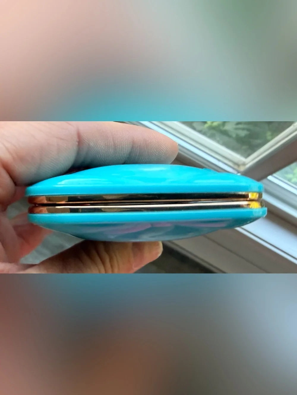 Mui Mui Turquoise Blue Pocket Mirror with Gold Metal Edging SEALED in plastic